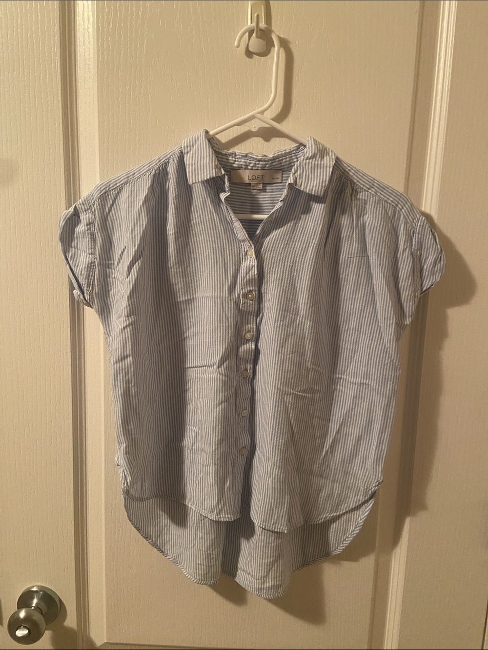 LOFT Petites Blue and White Pinstripe Button-Up Top